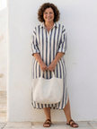 FJØRNA summer midi dress for women with long sleeves and striped pattern, casual and comfortable for warm weather.