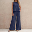 Navy blue women's summer two-piece co-ord set with pockets, featuring a relaxed fit, from FJØRNA's matching premium collection.