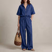 Navy blue FJØRNA elegant two-piece women's co-ord set with drawstring details and comfortable fit, perfect for casual wear.