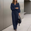 Navy blue women's summer two-piece co-ord set from FJØRNA featuring a relaxed fit with drawstring details.