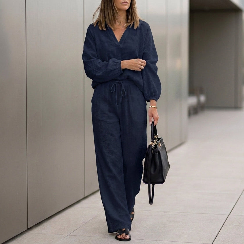 Navy blue women's summer two-piece co-ord set from FJØRNA featuring a relaxed fit with drawstring details.