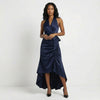 Navy blue FJØRNA elegant maxi dress for women featuring a halter neck and ruffle satin fabric, perfect for formal occasions.
