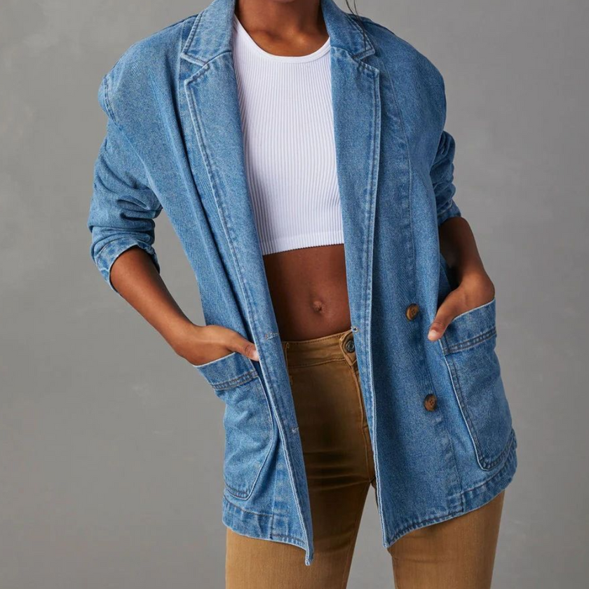 Denim Blazer Women Longline Notched Lapel Double Breasted