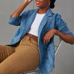Denim Blazer Women Longline Notched Lapel Double Breasted