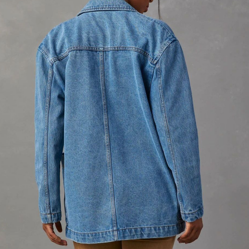 Denim Blazer Women Longline Notched Lapel Double Breasted