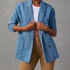 Denim Blazer Women Longline Notched Lapel Double Breasted