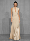 FJØRNA nude satin evening dress featuring a sleek, elegant design, smooth fabric, and flattering fit for formal occasions.
