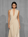 FJØRNA nude satin evening dress with elegant draping and sleeveless design, perfect for formal occasions.