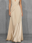 FJØRNA nude satin evening dress with a flowing design and elegant neckline, perfect for formal occasions.