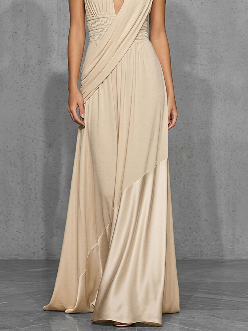 FJØRNA nude satin evening dress with a flowing design and elegant neckline, perfect for formal occasions.
