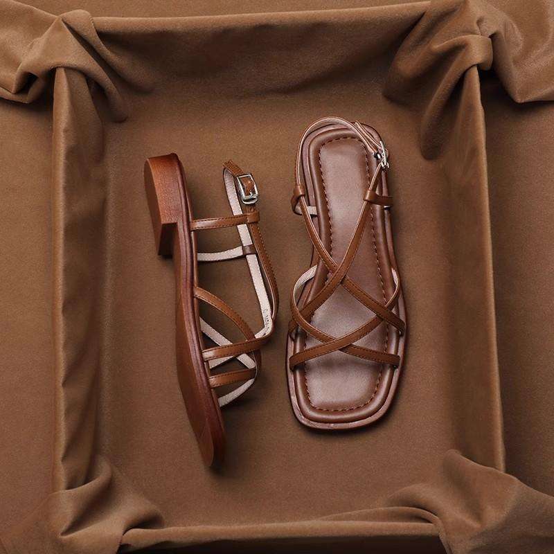 Brown Italian leather cushioned sandals for women by FJØRNA, showcasing comfortable slip-on shoes with cushioned soles.