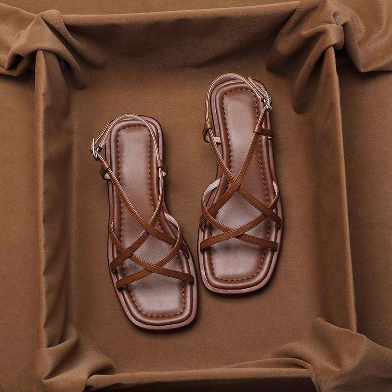 FJØRNA women's brown Italian leather cushioned sandals with open toe and ankle strap, stylish and comfortable for warm weather.