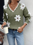 Floral Knit Sweater Women V-Neck Relaxed Fit Long Sleeve