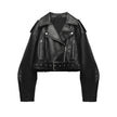 Faux Leather Biker Jacket Women Short Belted Cross-Zip