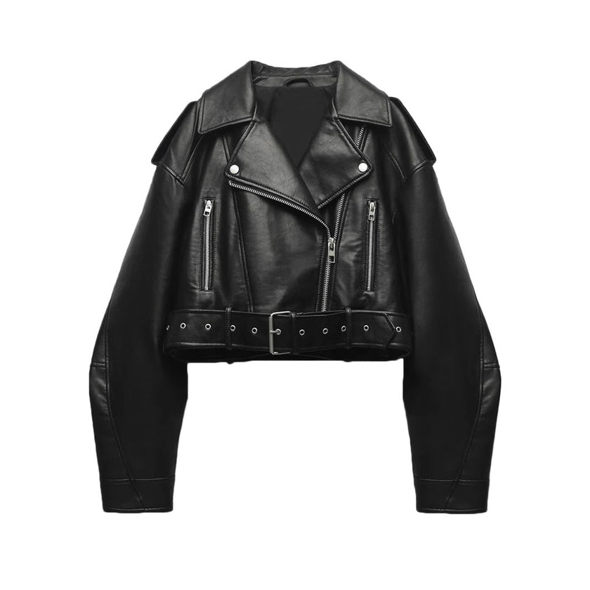 Faux Leather Biker Jacket Women Short Belted Cross-Zip