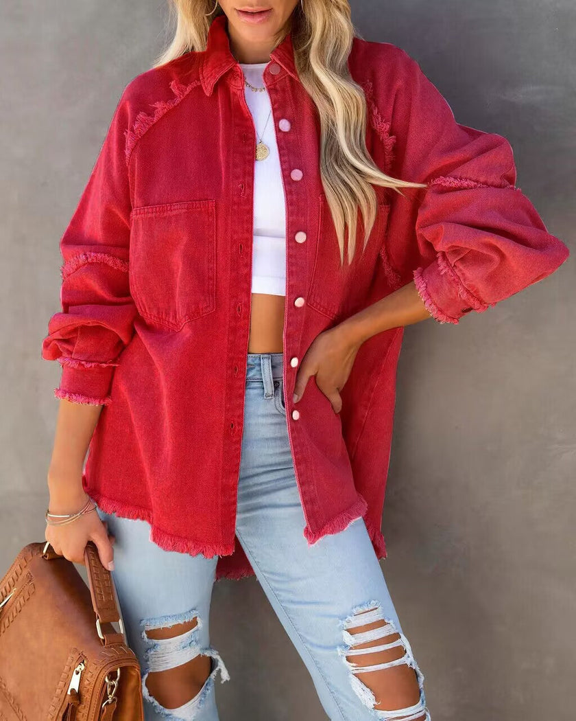 Denim Shirt Jacket Women Oversized Frayed Snap Front