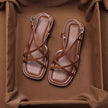 FJØRNA women's brown Italian leather cushioned sandals with open toe and ankle strap, stylish and comfortable for warm weather.