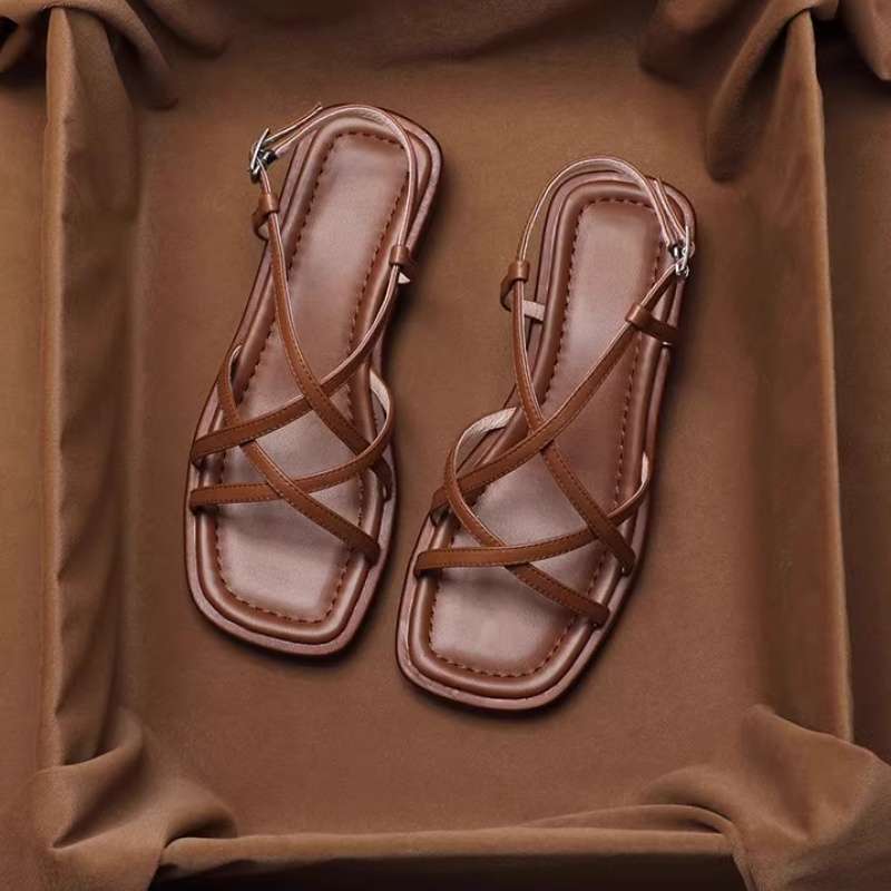 FJØRNA women's brown Italian leather cushioned sandals with open toe and ankle strap, stylish and comfortable for warm weather.
