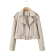 Faux Leather Biker Jacket Women Short Belted Cross-Zip