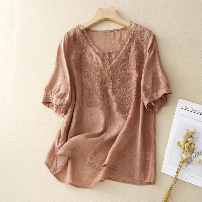 FJØRNA women's summer V-neck short sleeve linen blouse, lightweight and breathable top for warm weather.