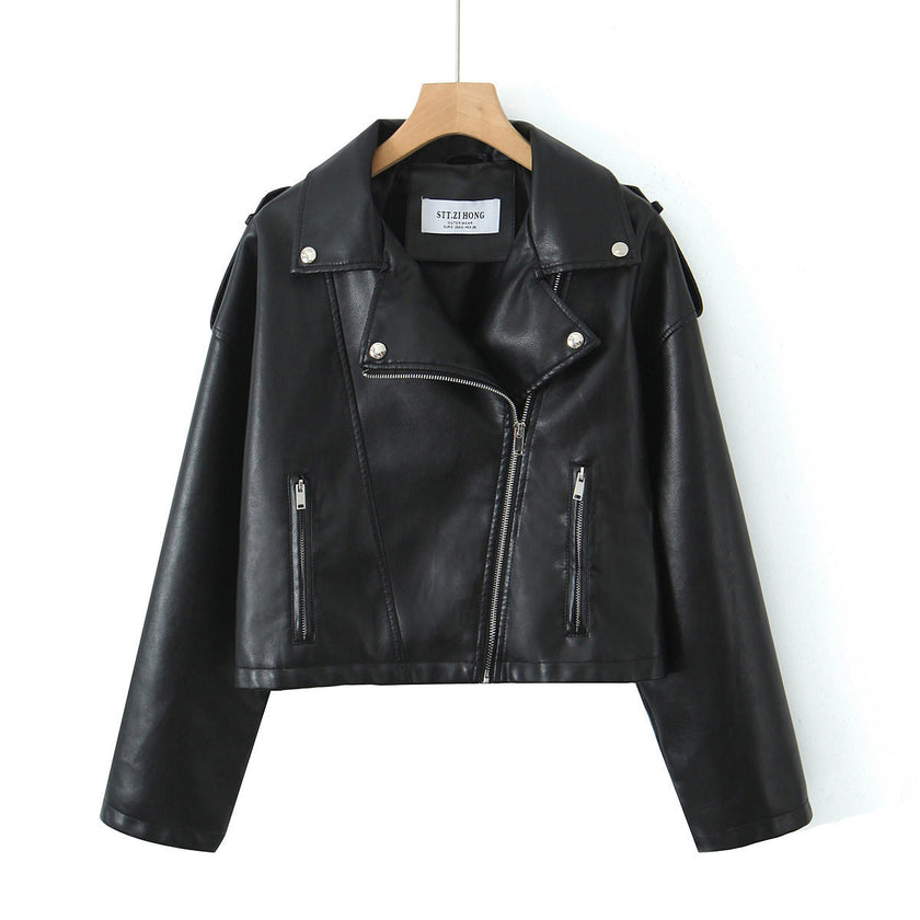 Faux Leather Biker Jacket Women Short Straight Fit