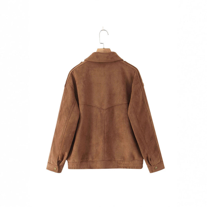 Suede Jacket Women Relaxed Fit Front Pockets Vintage