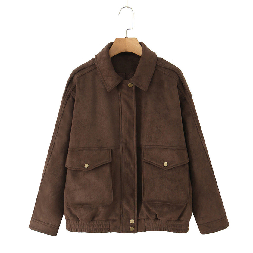 Suede Jacket Women Relaxed Fit Front Pockets Vintage