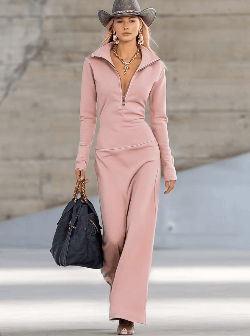 Pink V-neck maxi dress by FJØRNA featuring a flowing silhouette and elegant evening style.
