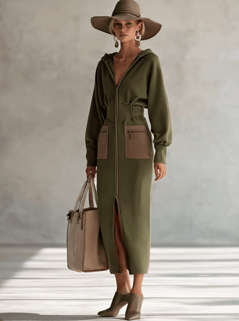 Green long sleeve maxi dress by FJØRNA featuring a flowing design and elegant evening wear style.