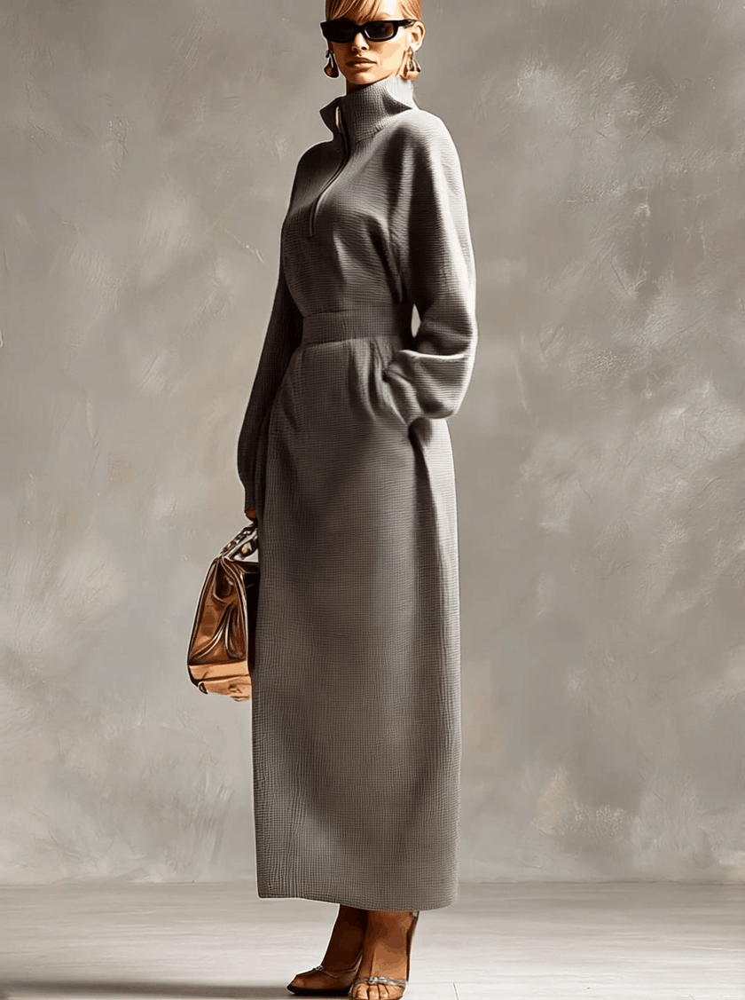 Grey waffle long sleeve maxi dress by FJØRNA featuring a casual, comfortable design with a relaxed fit and textured fabric.