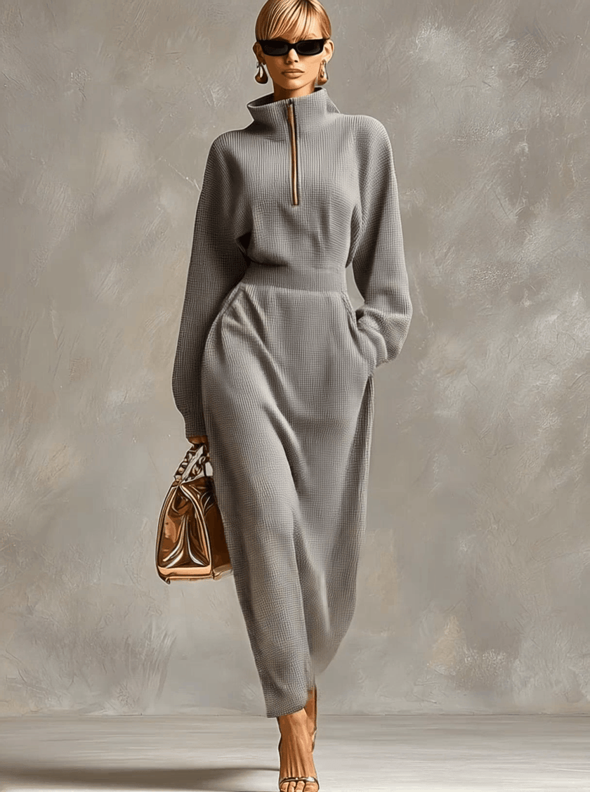 FJØRNA grey waffle long sleeve maxi dress with casual fit, shown on a hanger with its textured fabric and relaxed style.