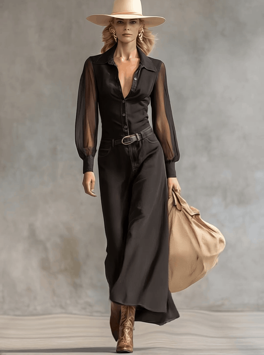 Black denim V-neck maxi dress by FJØRNA featuring a casual, flowing silhouette and sleeveless design.