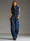 Dark blue denim women's sleeveless balloon jumpsuit with multiple pockets, stylish and comfortable FJØRNA pants.