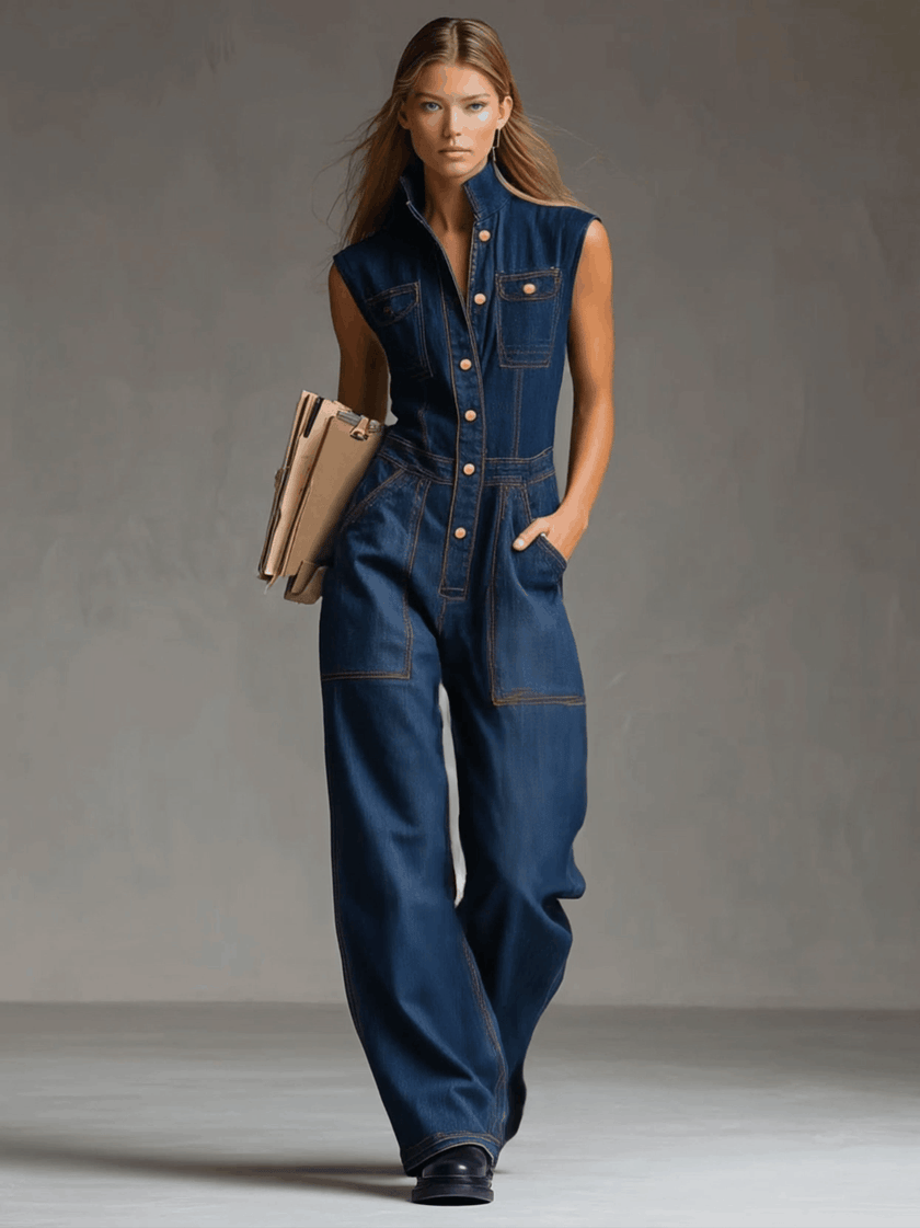 Dark blue denim women's sleeveless balloon jumpsuit with multiple pockets, stylish and comfortable FJØRNA pants.