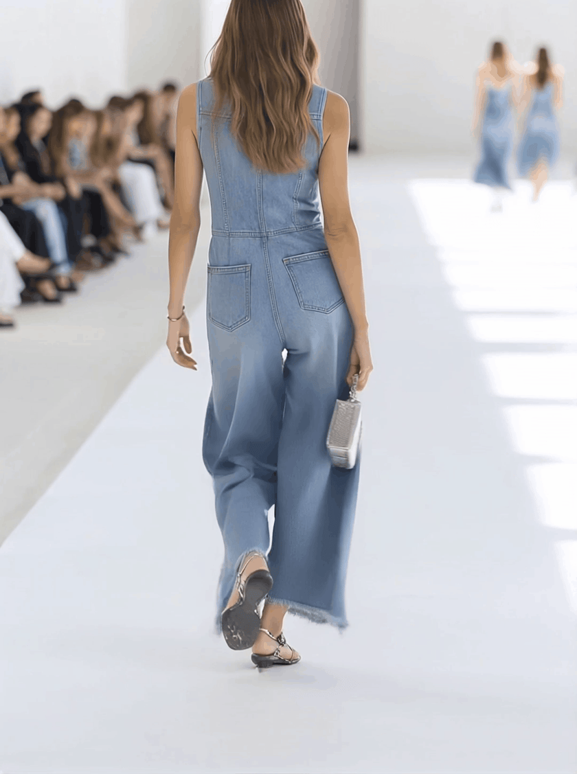 Light blue denim sleeveless raw edge wide-leg jumpsuit for women by FJØRNA, shown with a relaxed fit and stylish design.