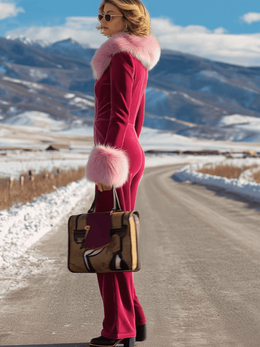 Rose red velvet faux fur collar flared jumpsuit for women by FJØRNA, featuring wide-leg pants and a stylish, cozy design.