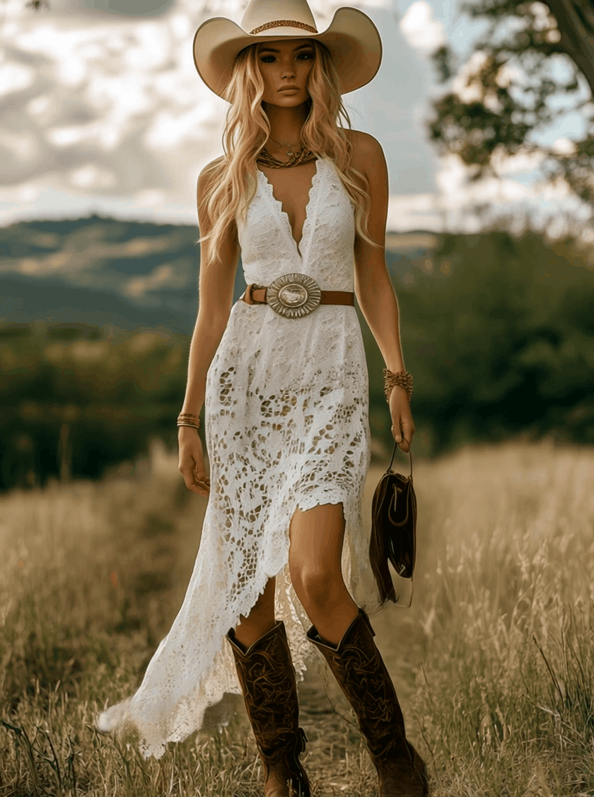 White lace maxi dress by FJØRNA featuring a flowy design, intricate lace details, and a casual, elegant style perfect for summer.