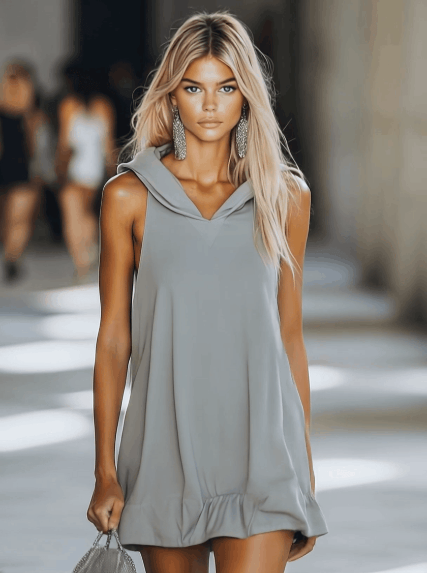 Grey sleeveless mini dress by FJØRNA, casual dress style, shown hanging with a simple design and lightweight fabric.