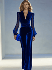 Royal blue velvet V-neck mesh long sleeve jumpsuit for women by FJØRNA, featuring a stylish fitted design and elegant long sleeves.