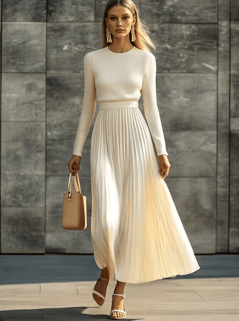 Cream Satin Pleated Maxi Dress