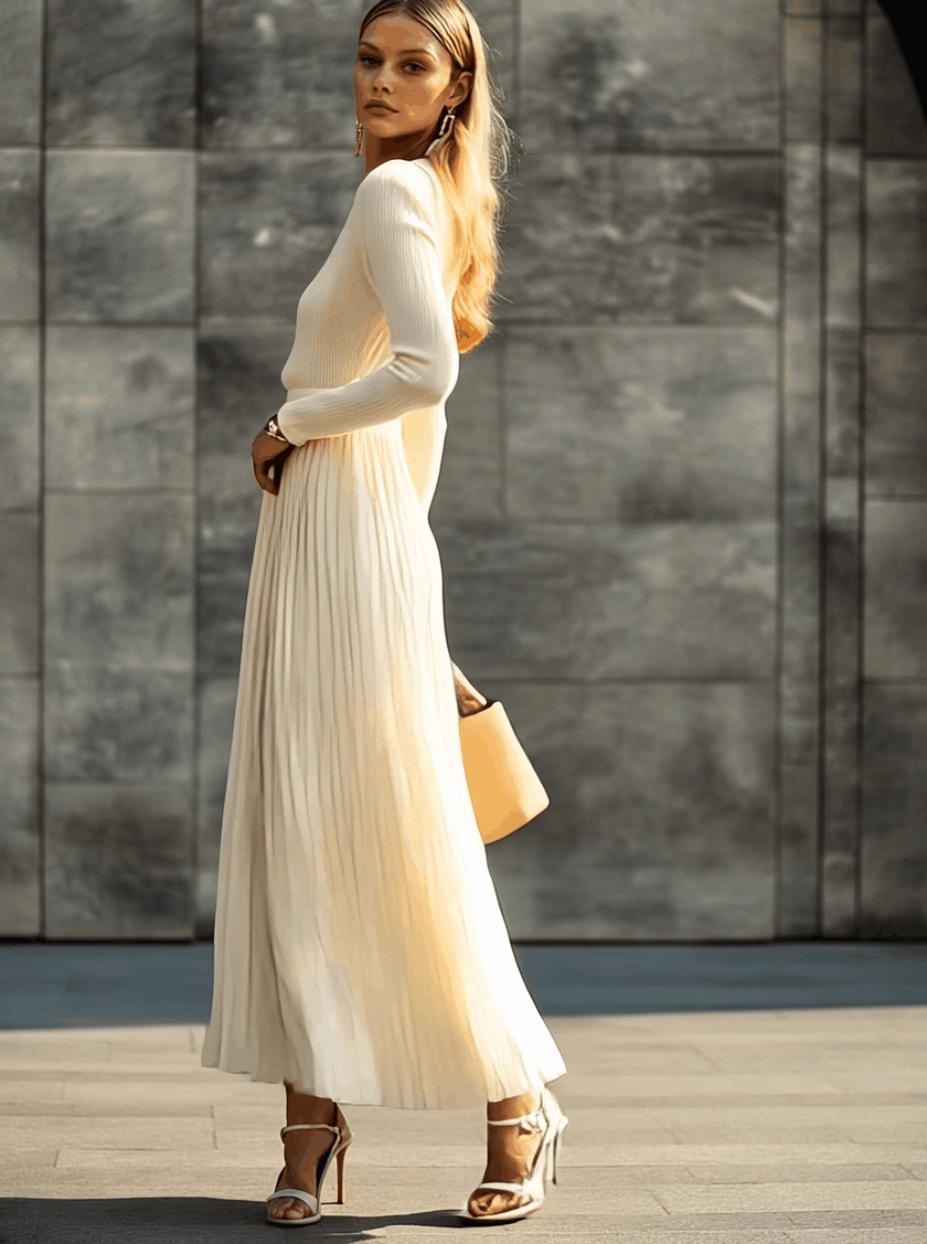 Cream satin pleated maxi dress by FJØRNA, featuring a flowing design, pleats, and elegant casual style.