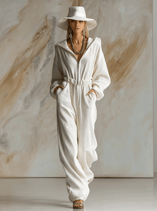 White corduroy hooded zip-front long sleeve jumpsuit for women by FJØRNA, featuring a casual and comfortable design.