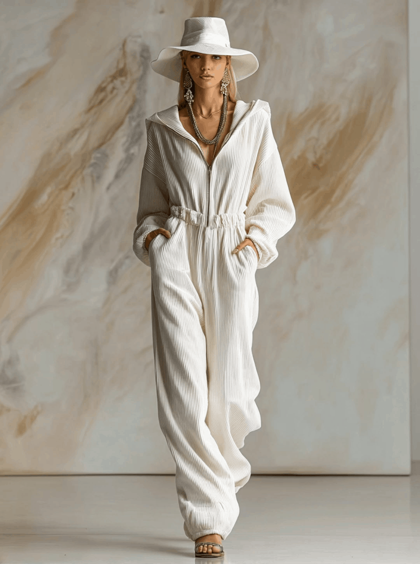 White corduroy hooded zip-front long sleeve jumpsuit for women by FJØRNA, featuring a casual and comfortable design.