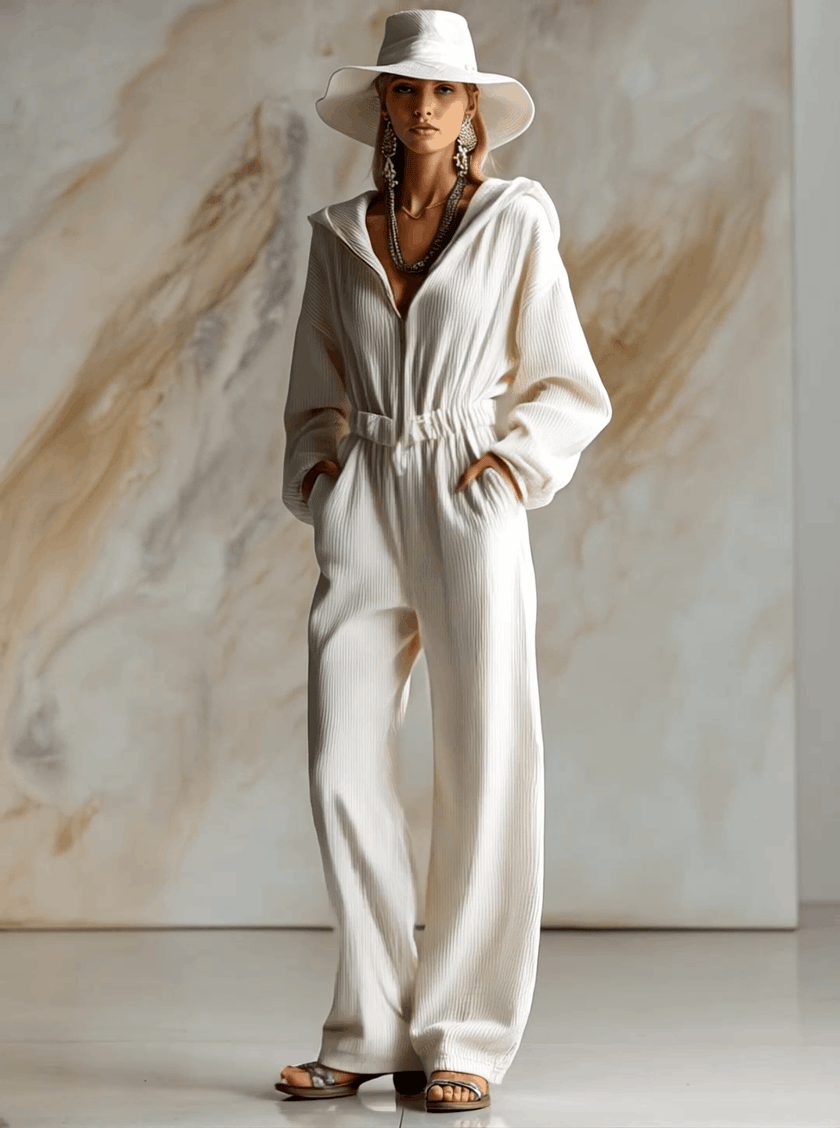 White corduroy hooded zip-front long sleeve jumpsuit for women, featuring a relaxed fit and stylish design by FJØRNA.