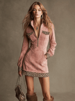 Pink faux suede leopard print mini dress by FJØRNA, casual dress with long sleeves and fitted silhouette, shown on a model.