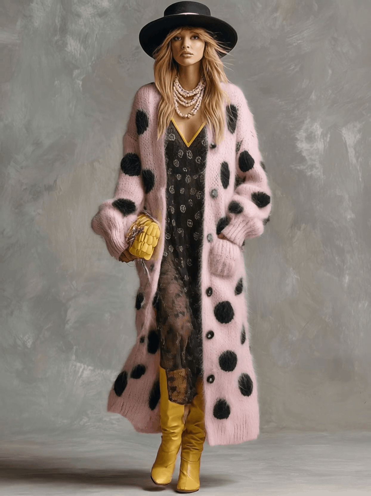 Pink Polka Dot Faux Rabbit Fur Knit Cardigan with Button Front for Women