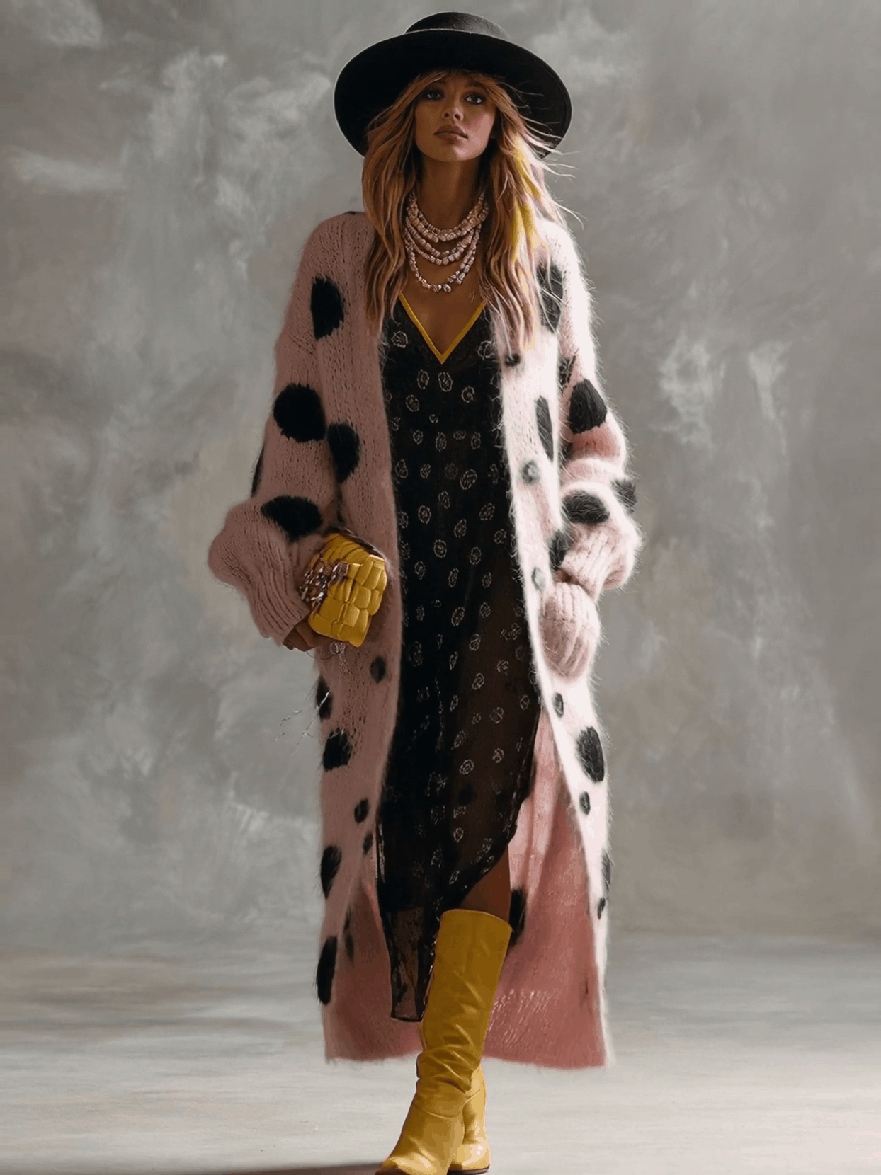 Pink Polka Dot Faux Rabbit Fur Knit Cardigan with Button Front for Women