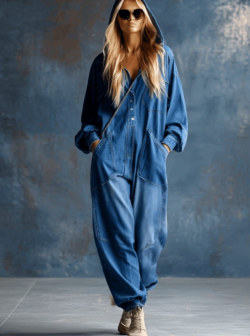 Blue denim hooded jumpsuit with button-front long sleeves, designed for women by FJØRNA, displayed on a model.