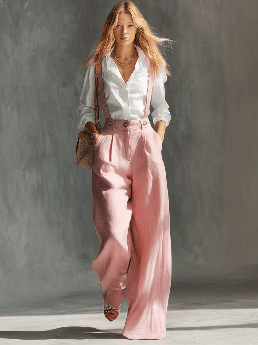 Pink cotton linen wide-leg women's dungarees from FJØRNA, showing relaxed fit and adjustable shoulder straps.