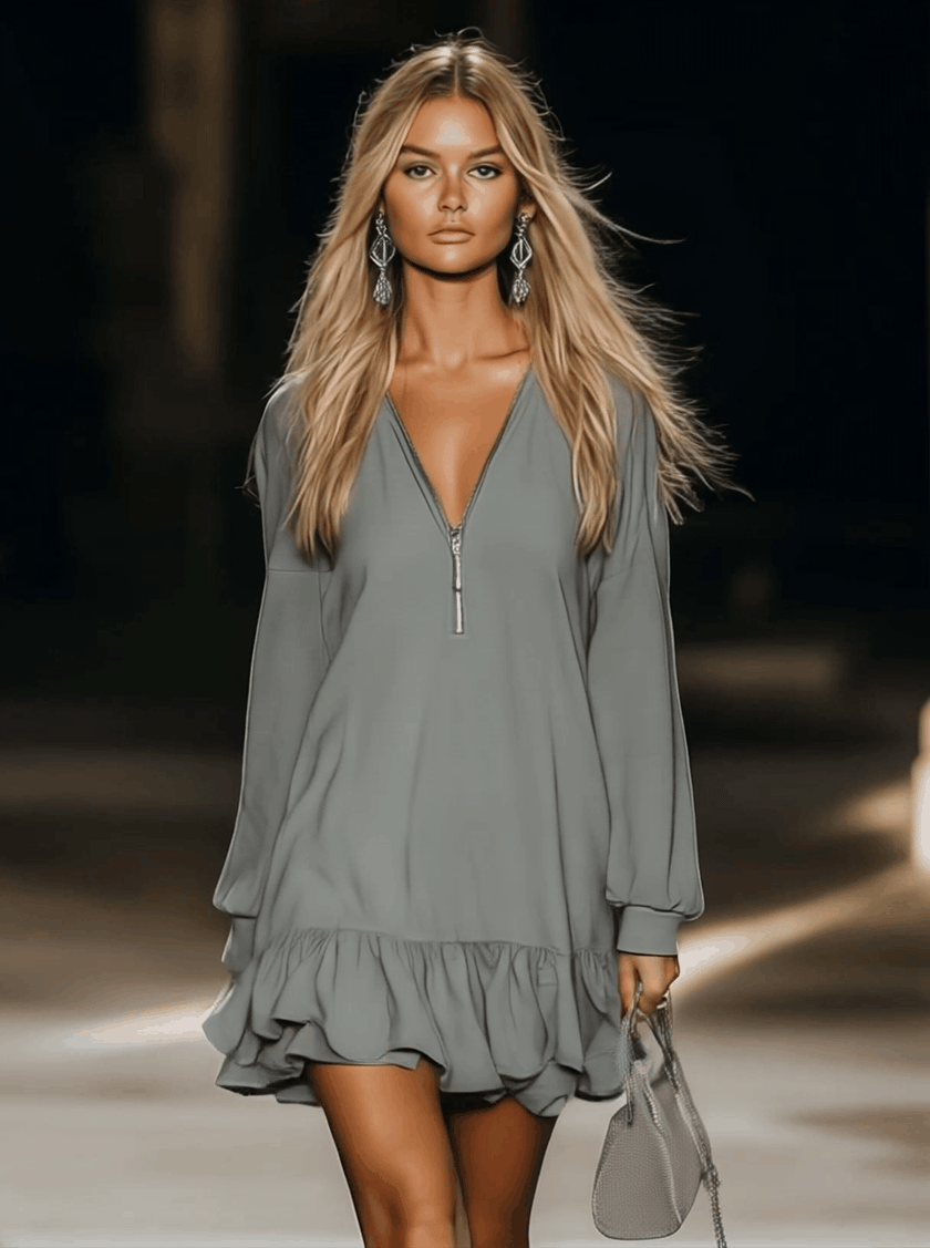 Grey FJØRNA V-Neck Mini Dress, casual dress with a V-neckline, lightweight fabric, and relaxed fit, displayed on a hanger.